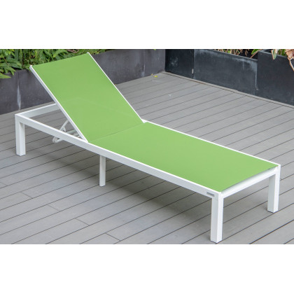LeisureMod Marlin Modern White Aluminum Outdoor Patio Chaise Lounge Chair with Square Fire Pit Side Table - Green