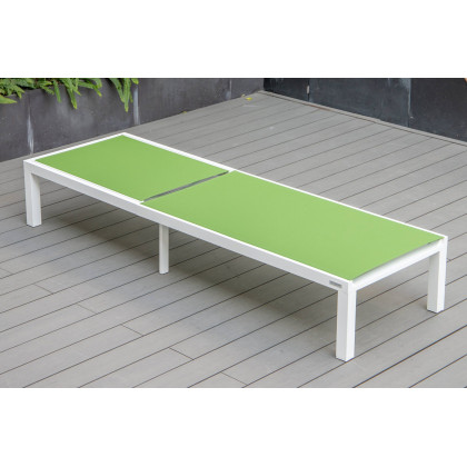 LeisureMod Marlin Modern White Aluminum Outdoor Patio Chaise Lounge Chair with Square Fire Pit Side Table - Green