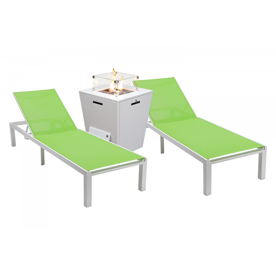 LeisureMod Marlin Modern White Aluminum Outdoor Chaise Lounge Chair With Square Fire Pit Side Table Set of 2 - Green