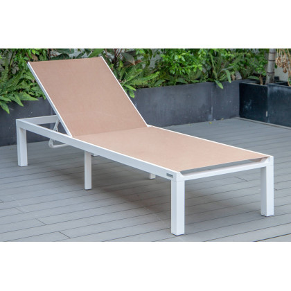 LeisureMod Marlin Modern White Aluminum Outdoor Patio Chaise Lounge Chair with Square Fire Pit Side Table - Light Brown