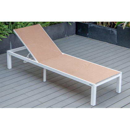 LeisureMod Marlin Modern White Aluminum Outdoor Patio Chaise Lounge Chair with Square Fire Pit Side Table - Light Brown