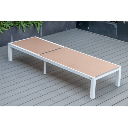 LeisureMod Marlin Modern White Aluminum Outdoor Patio Chaise Lounge Chair with Square Fire Pit Side Table - Light Brown