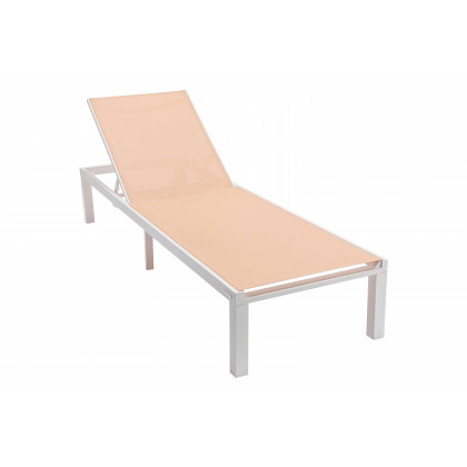LeisureMod Marlin Modern White Aluminum Outdoor Patio Chaise Lounge Chair with Square Fire Pit Side Table - Light Brown