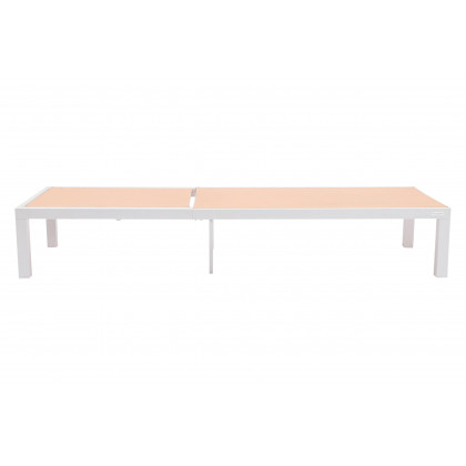 LeisureMod Marlin Modern White Aluminum Outdoor Patio Chaise Lounge Chair with Square Fire Pit Side Table - Light Brown