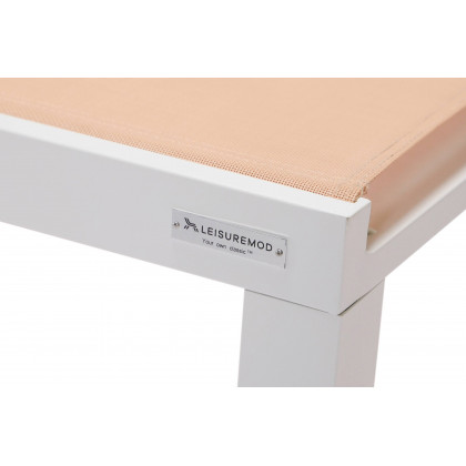 LeisureMod Marlin Modern White Aluminum Outdoor Patio Chaise Lounge Chair with Square Fire Pit Side Table - Light Brown