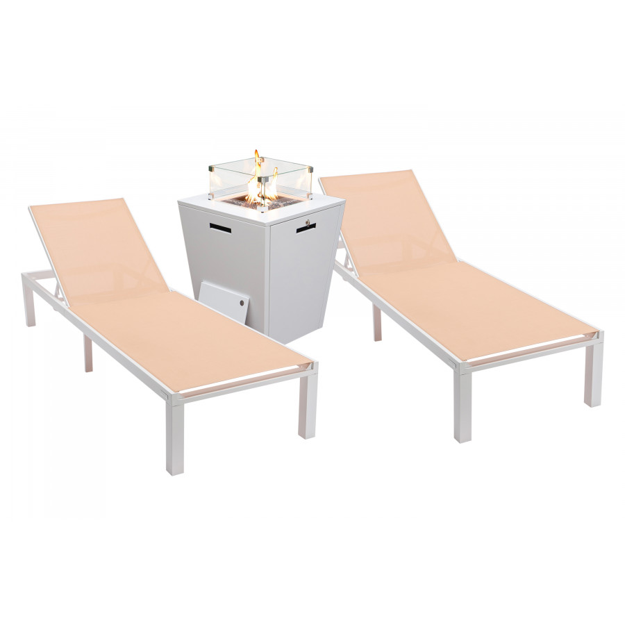 LeisureMod Marlin Modern White Aluminum Outdoor Chaise Lounge Chair With Square Fire Pit Side Table Set of 2 - Light Brown