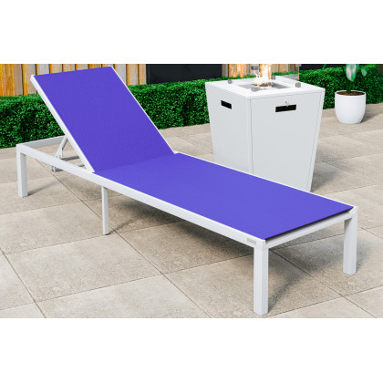 LeisureMod Marlin Modern White Aluminum Outdoor Patio Chaise Lounge Chair with Square Fire Pit Side Table - Navy Blue