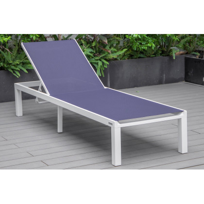 LeisureMod Marlin Modern White Aluminum Outdoor Patio Chaise Lounge Chair with Square Fire Pit Side Table - Navy Blue