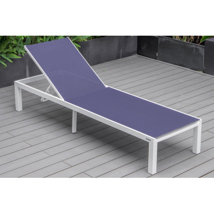 LeisureMod Marlin Modern White Aluminum Outdoor Patio Chaise Lounge Chair with Square Fire Pit Side Table - Navy Blue