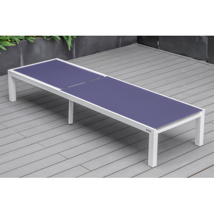 LeisureMod Marlin Modern White Aluminum Outdoor Patio Chaise Lounge Chair with Square Fire Pit Side Table - Navy Blue
