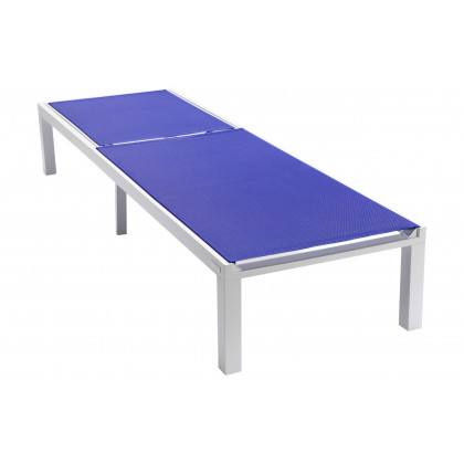 LeisureMod Marlin Modern White Aluminum Outdoor Patio Chaise Lounge Chair with Square Fire Pit Side Table - Navy Blue