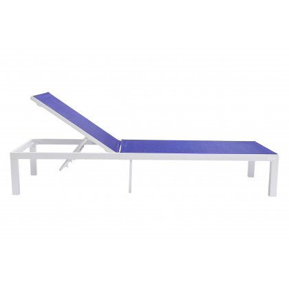LeisureMod Marlin Modern White Aluminum Outdoor Patio Chaise Lounge Chair with Square Fire Pit Side Table - Navy Blue