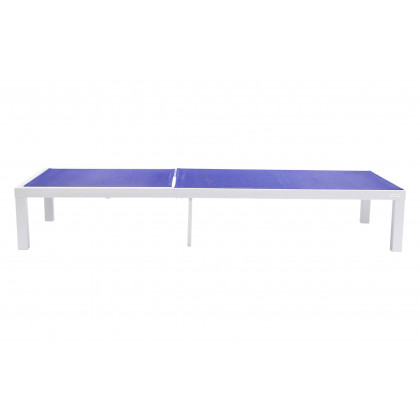LeisureMod Marlin Modern White Aluminum Outdoor Patio Chaise Lounge Chair with Square Fire Pit Side Table - Navy Blue