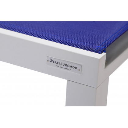 LeisureMod Marlin Modern White Aluminum Outdoor Patio Chaise Lounge Chair with Square Fire Pit Side Table - Navy Blue