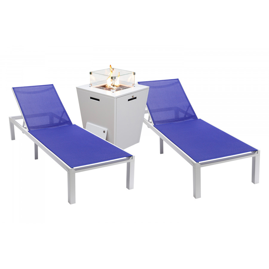 LeisureMod Marlin Modern White Aluminum Outdoor Chaise Lounge Chair With Square Fire Pit Side Table Set of 2 - Navy Blue