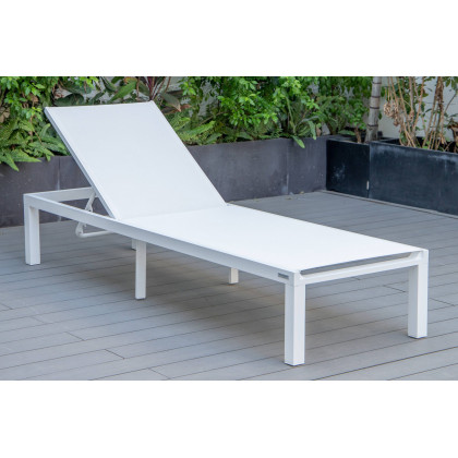 LeisureMod Marlin Modern White Aluminum Outdoor Patio Chaise Lounge Chair with Square Fire Pit Side Table - White