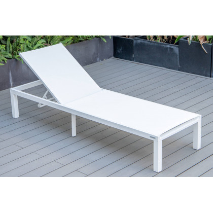 LeisureMod Marlin Modern White Aluminum Outdoor Patio Chaise Lounge Chair with Square Fire Pit Side Table - White