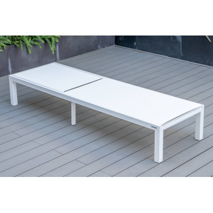 LeisureMod Marlin Modern White Aluminum Outdoor Patio Chaise Lounge Chair with Square Fire Pit Side Table - White