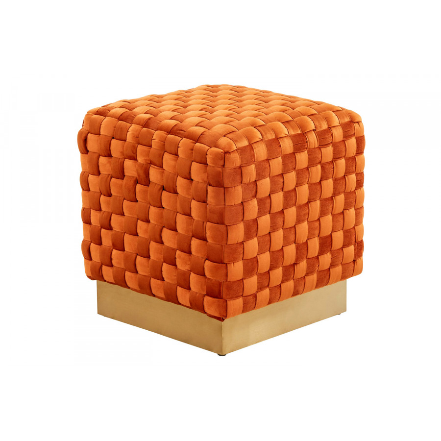 LeisureMod Myrtle 19" Square Weave Design Velvet Ottoman with Gold Base - Orange/Marmalade