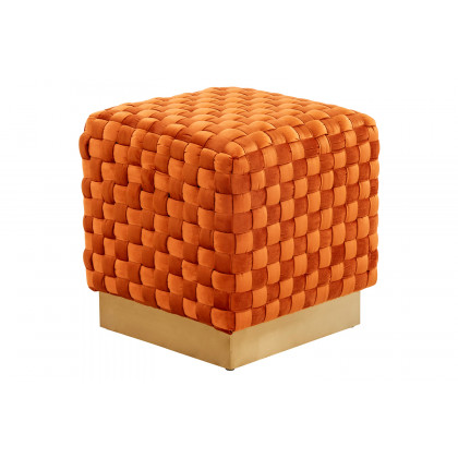 LeisureMod Myrtle 19" Square Weave Design Velvet Ottoman with Gold Base - Orange/Marmalade