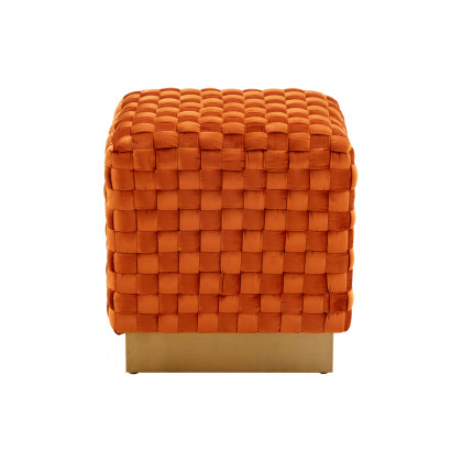 LeisureMod Myrtle 19" Square Weave Design Velvet Ottoman with Gold Base - Orange/Marmalade