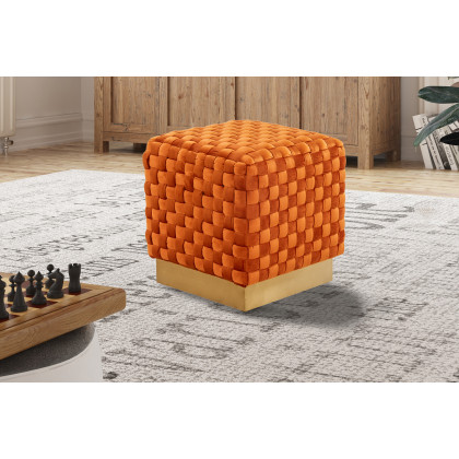 LeisureMod Myrtle 19" Square Weave Design Velvet Ottoman with Gold Base - Orange/Marmalade