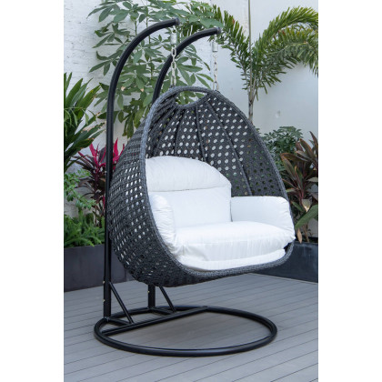 LeisureMod Mendoza Charcoal Wicker Hanging 2 Person Egg Swing Chair - White