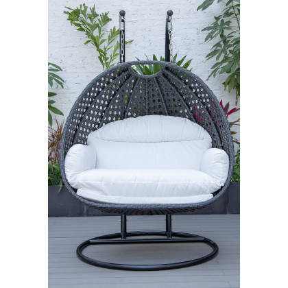 LeisureMod Mendoza Charcoal Wicker Hanging 2 Person Egg Swing Chair - White