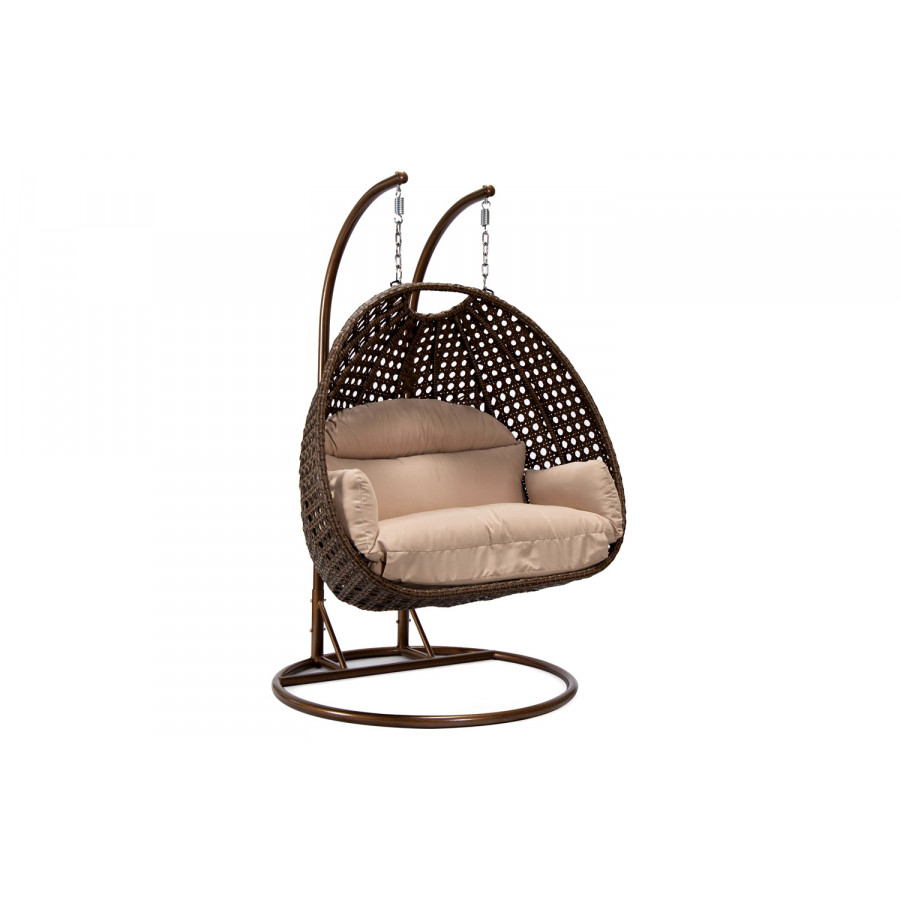 LeisureMod Mendoza Dark Brown Wicker Hanging 2 Person Egg Swing Chair - Beige