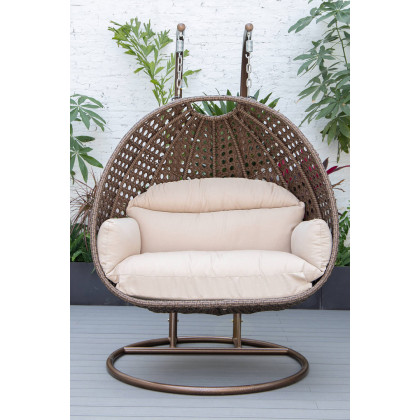 LeisureMod Mendoza Dark Brown Wicker Hanging 2 Person Egg Swing Chair - Beige