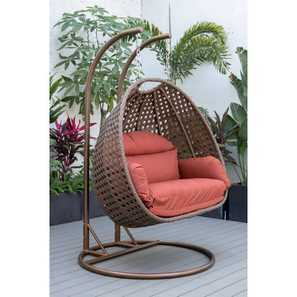 LeisureMod Mendoza Dark Brown Wicker Hanging 2 Person Egg Swing Chair - Cherry
