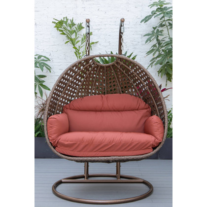LeisureMod Mendoza Dark Brown Wicker Hanging 2 Person Egg Swing Chair - Cherry