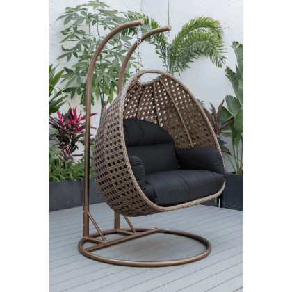LeisureMod Mendoza Dark Brown Wicker Hanging 2 Person Egg Swing Chair - Dark Gray