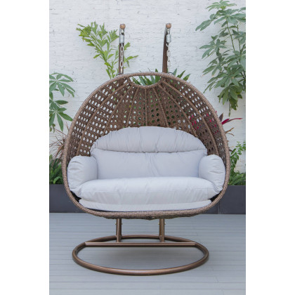 LeisureMod Mendoza Dark Brown Wicker Hanging 2 Person Egg Swing Chair - Light Gray