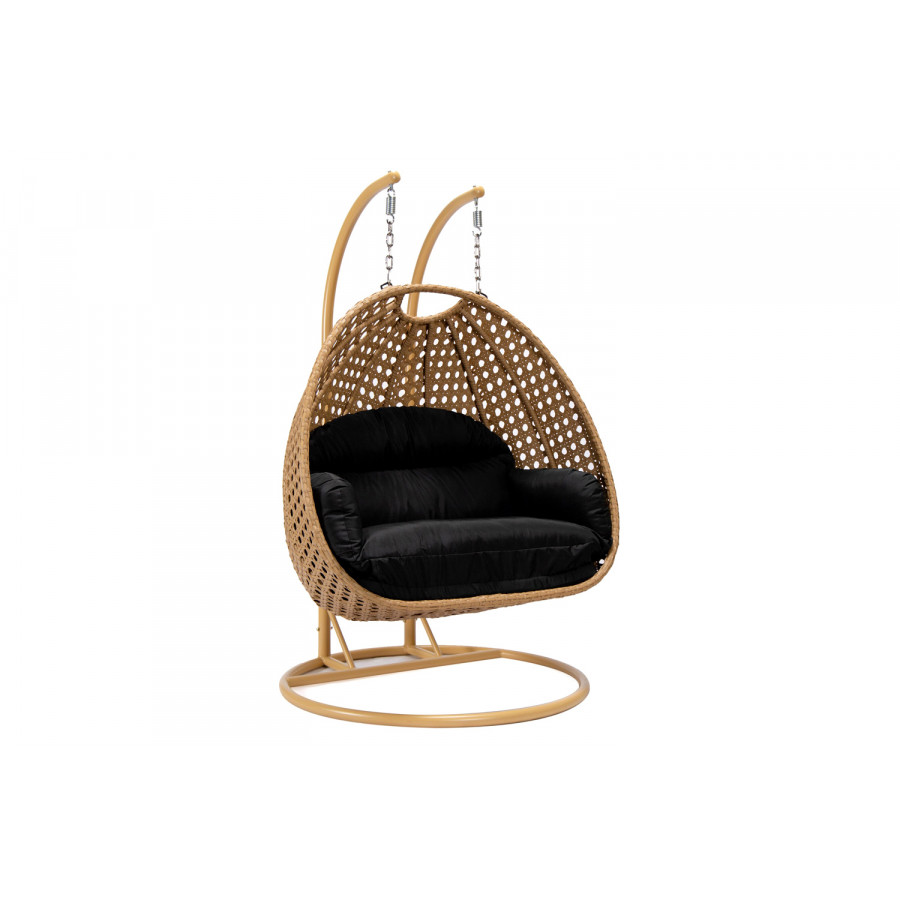 LeisureMod Mendoza Light Brown Wicker Hanging 2 Person Egg Swing Chair - Black
