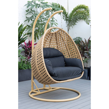 LeisureMod Mendoza Light Brown Wicker Hanging 2 Person Egg Swing Chair - Black