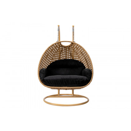 LeisureMod Mendoza Light Brown Wicker Hanging 2 Person Egg Swing Chair - Black