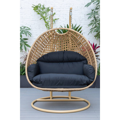 LeisureMod Mendoza Light Brown Wicker Hanging 2 Person Egg Swing Chair - Black