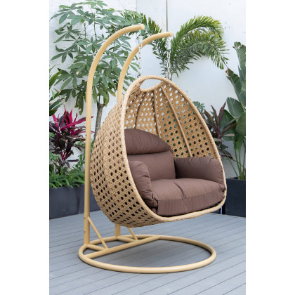 LeisureMod Mendoza Light Brown Wicker Hanging 2 Person Egg Swing Chair - Brown