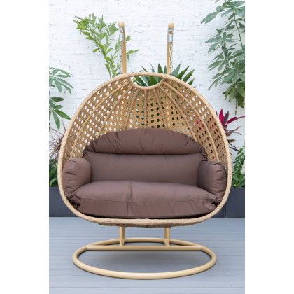 LeisureMod Mendoza Light Brown Wicker Hanging 2 Person Egg Swing Chair - Brown