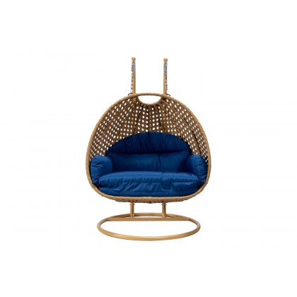 LeisureMod Mendoza Light Brown Wicker Hanging 2 Person Egg Swing Chair - Blue