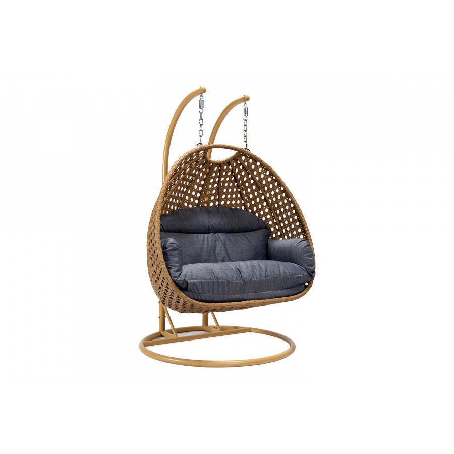 LeisureMod Mendoza Light Brown Wicker Hanging 2 Person Egg Swing Chair - Charcoal
