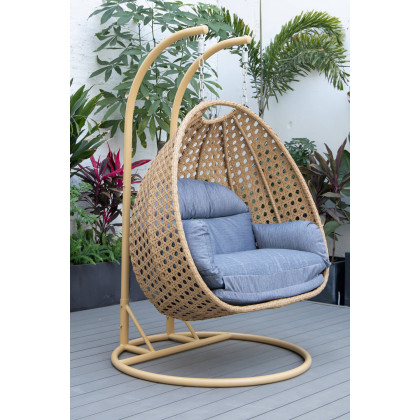 LeisureMod Mendoza Light Brown Wicker Hanging 2 Person Egg Swing Chair - Charcoal