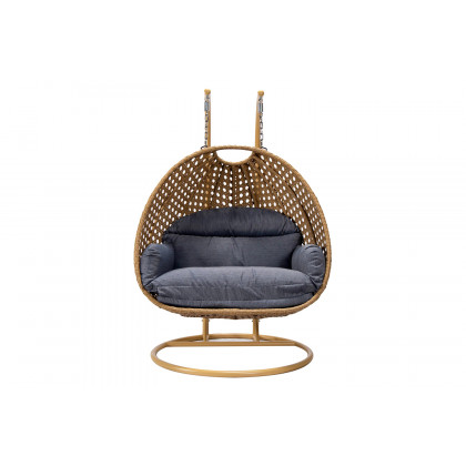 LeisureMod Mendoza Light Brown Wicker Hanging 2 Person Egg Swing Chair - Charcoal