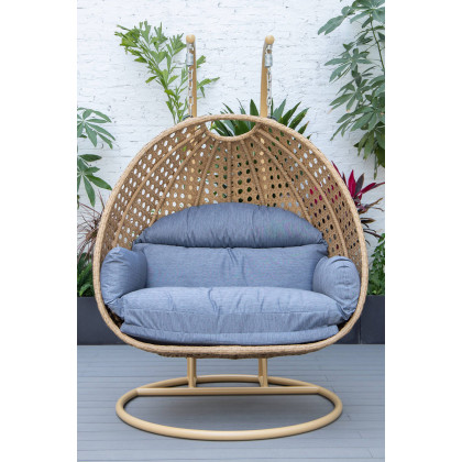 LeisureMod Mendoza Light Brown Wicker Hanging 2 Person Egg Swing Chair - Charcoal