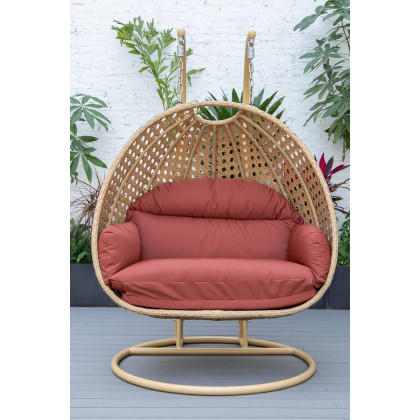 LeisureMod Mendoza Light Brown Wicker Hanging 2 Person Egg Swing Chair - Cherry