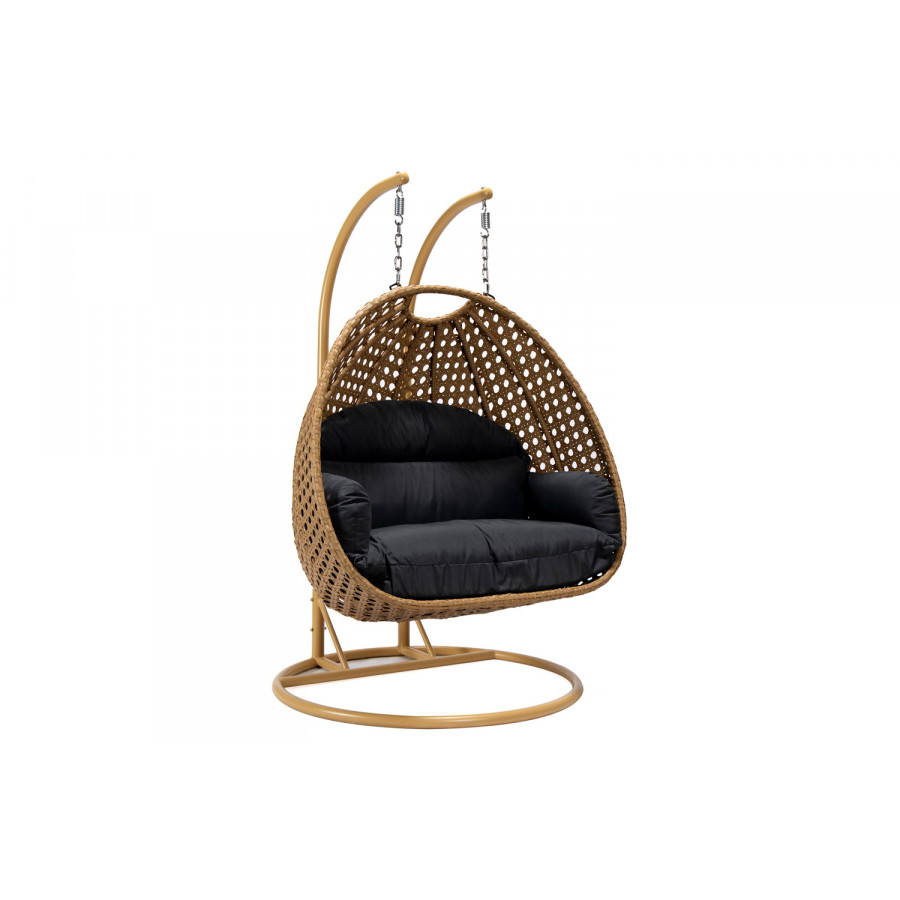 LeisureMod Mendoza Light Brown Wicker Hanging 2 Person Egg Swing Chair - Dark Gray