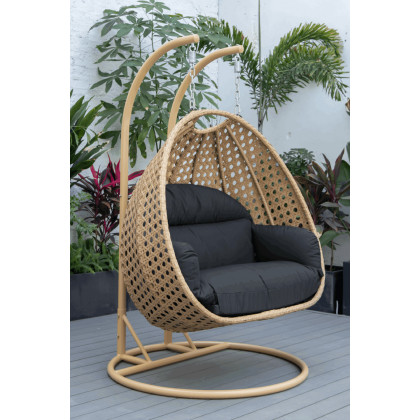 LeisureMod Mendoza Light Brown Wicker Hanging 2 Person Egg Swing Chair - Dark Gray