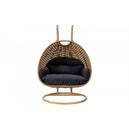 LeisureMod Mendoza Light Brown Wicker Hanging 2 Person Egg Swing Chair - Dark Gray