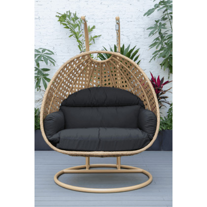 LeisureMod Mendoza Light Brown Wicker Hanging 2 Person Egg Swing Chair - Dark Gray